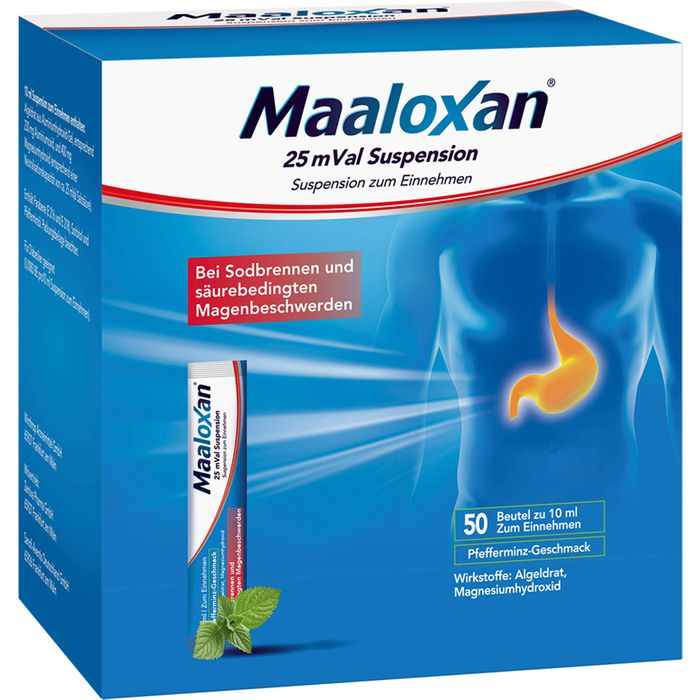 Maaloxan 25 mVal Suspension, Suspension zum Einnehmen, mit Algeldrat und Magnesiumhydroxid, bei Sodbrennen und säurebedingten Magenbeschwerden